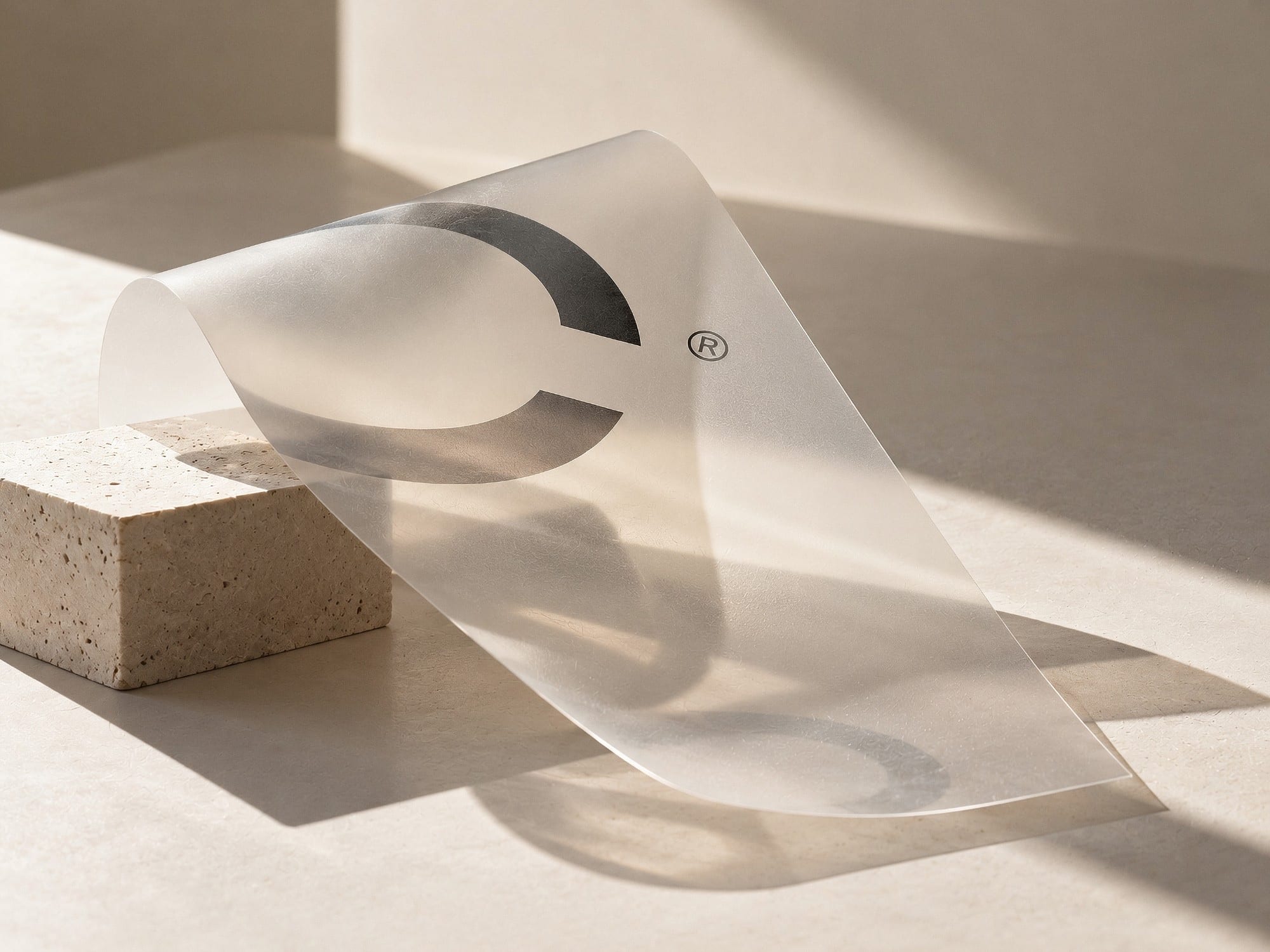 A sheet of translucent film printed with a large letter C, curled over a stone block