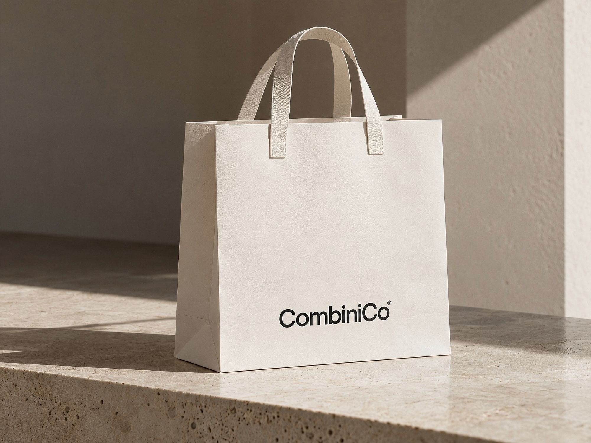 A paper shopping bag carrying the finished CombiniCo wordmark